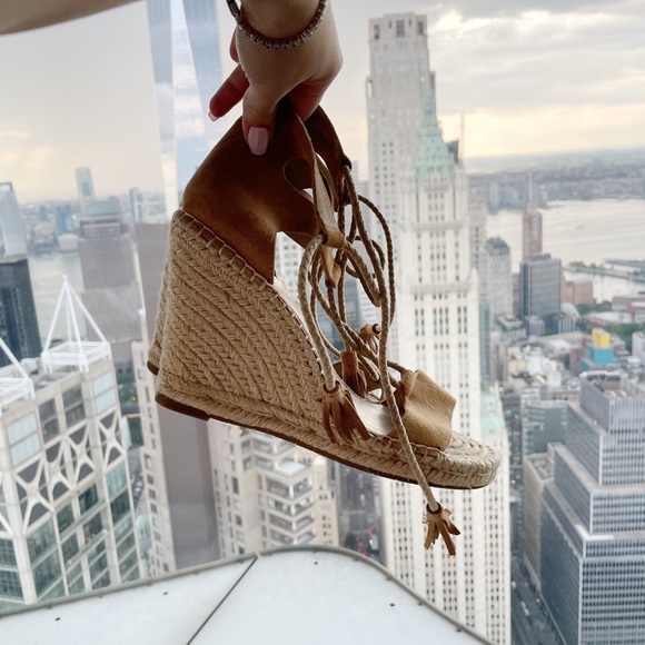 Joie Delilah Tan Suede Leather Lace-Up Tassel Espadrille Wedge Heel Sandals - Picture 5 of 5